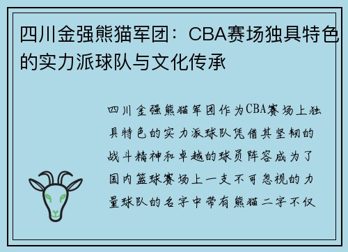 四川金强熊猫军团：CBA赛场独具特色的实力派球队与文化传承