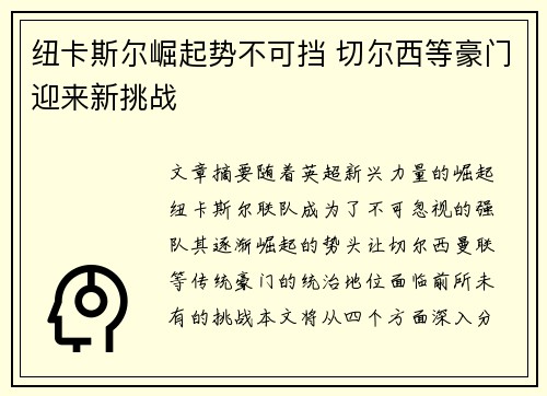 纽卡斯尔崛起势不可挡 切尔西等豪门迎来新挑战 纽卡斯尔崛起势不可挡 切尔西等豪门迎来新挑战